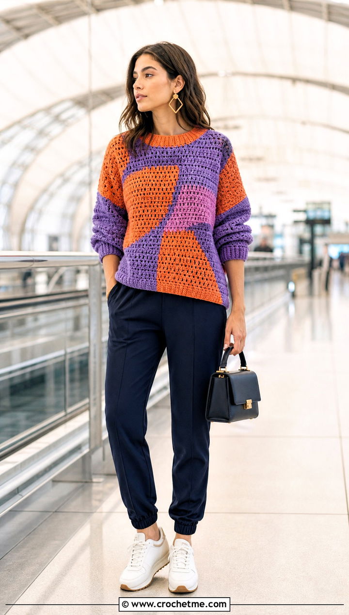 Abstract Block Crochet Sweater With Track Pants and Sneakers - 30 crochet block sweater outfit ideas