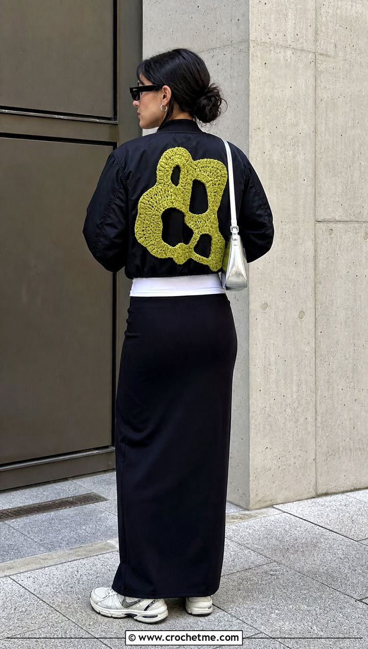 Abstract Crochet Patch Bomber Jacket Outfit - 30 crochet patches on clothes and outfit ideas