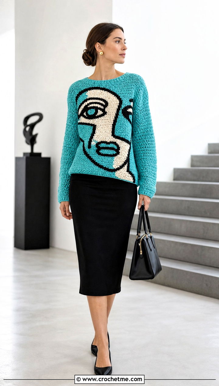 Abstract Face Tapestry Crochet Sweater With Pencil Skirt - 30 tapestry crochet sweater outfit ideas