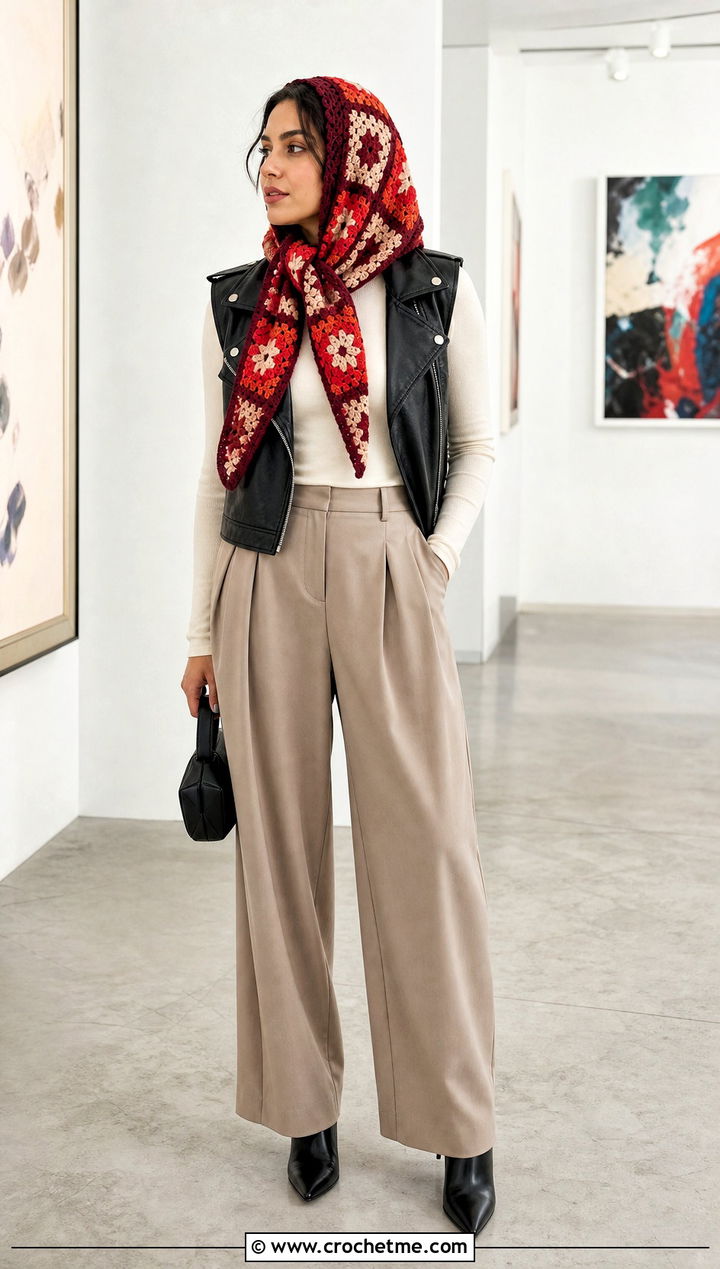 Abstract Granny Square Head Scarf With Moto Vest And Pleated Pants - 35 granny square head scarf outfit ideas