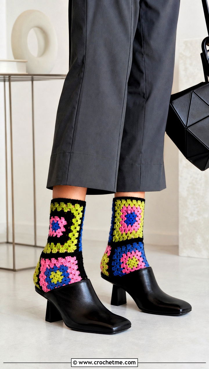 Abstract Granny Square Socks With A Minimalist Jumpsuit And Mules - 35 crochet granny square socks outfit ideas