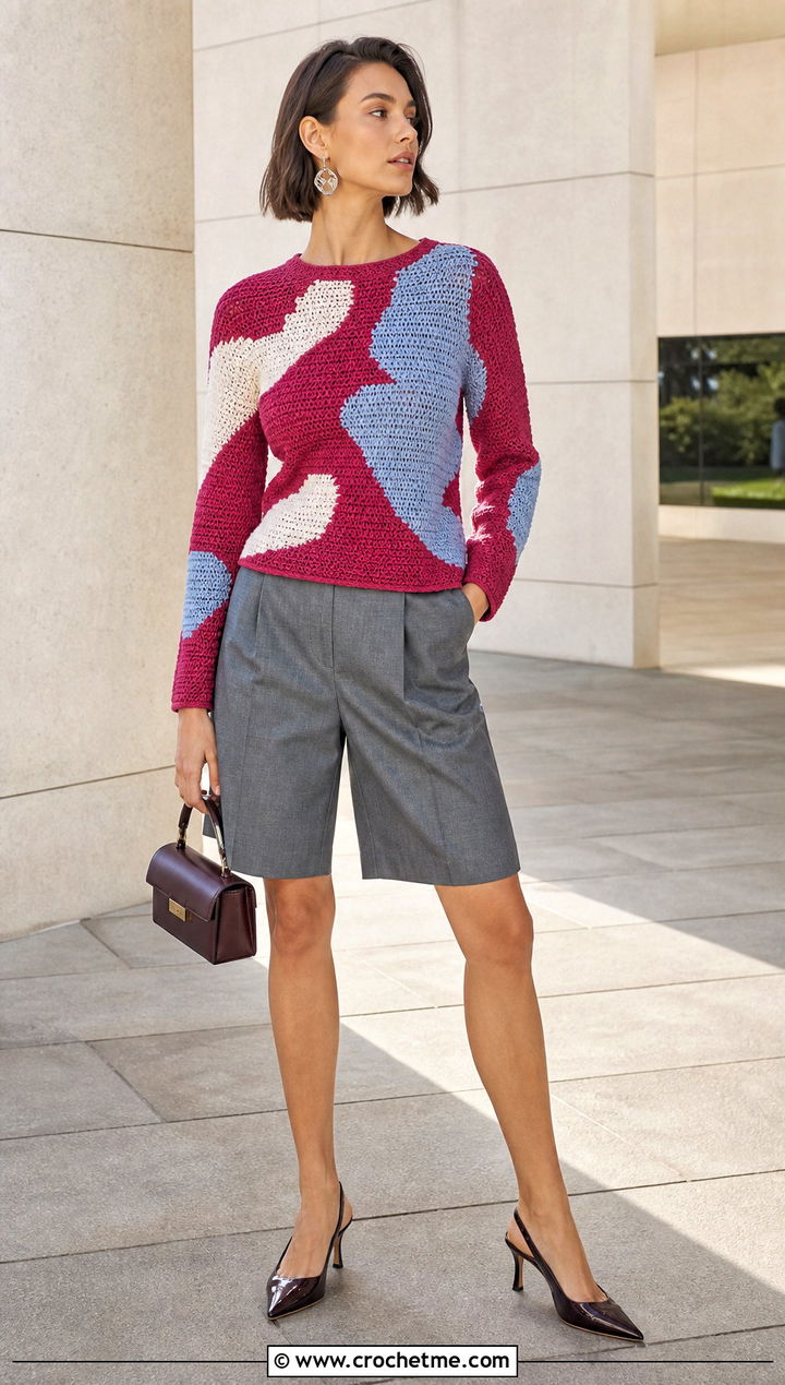 Abstract Intarsia Crochet Sweater With Suit Shorts - 25 Patterned Crochet Sweater outfit ideas