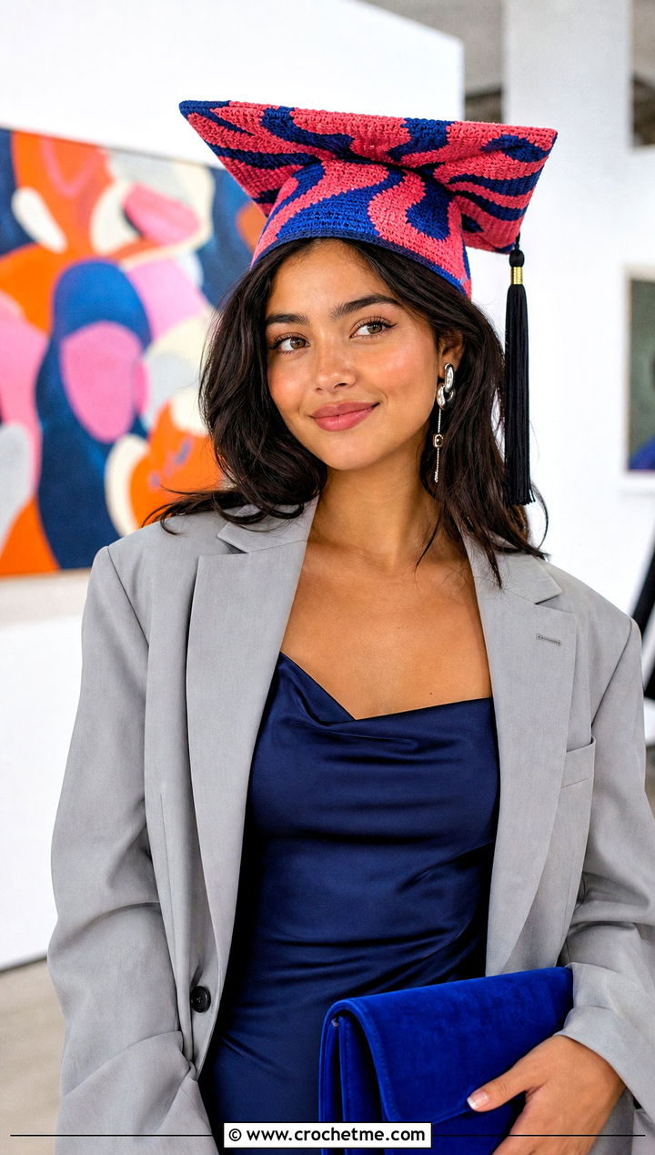 Abstract Swirl Crochet Graduation Cap Cover With Slip Dress And Blazer - 30 crochet graduation cap cover outfit ideas