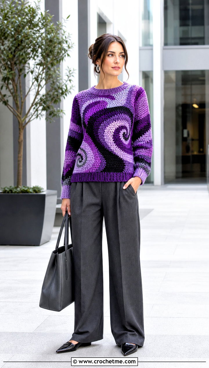 Abstract Swirl Crochet Graph Sweater With Tailored Trousers - 30 crochet graph sweater outfit ideas