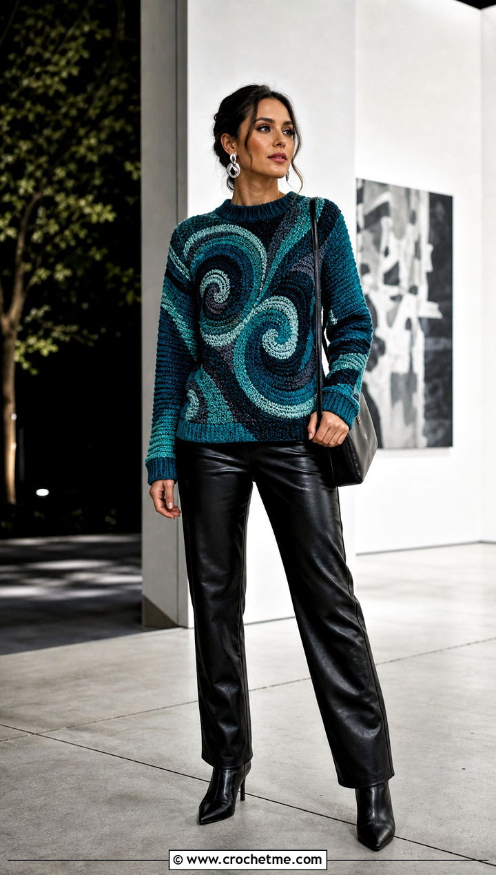 Abstract Swirl Crochet Graphic Sweater With Leather Pants - 30 crochet graphic sweater outfit ideas