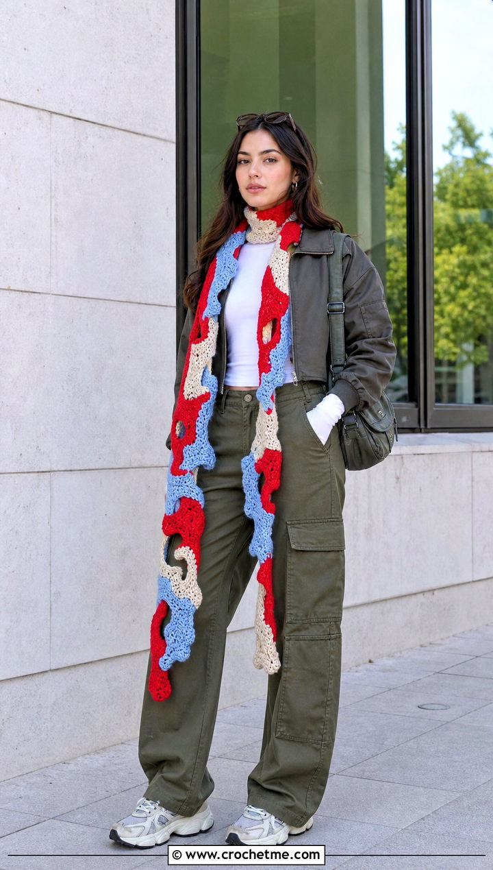 Abstract Tapestry Crochet Scarf With Cargo Pants - 35 tapestry crochet scarf outfit ideas