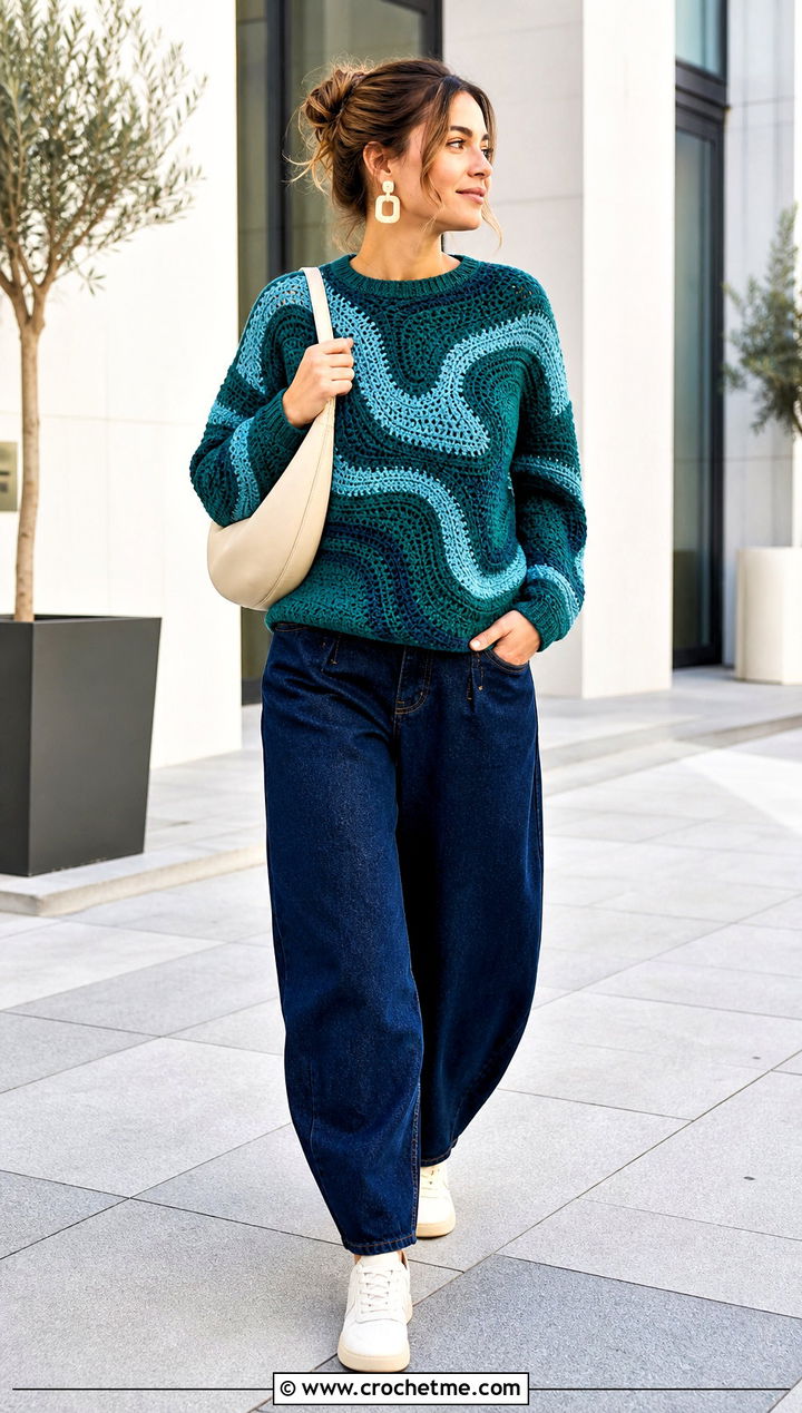 Abstract Wave Tapestry Crochet Jumper With Barrel Jeans - 30 Tapestry Crochet Jumper outfit ideas