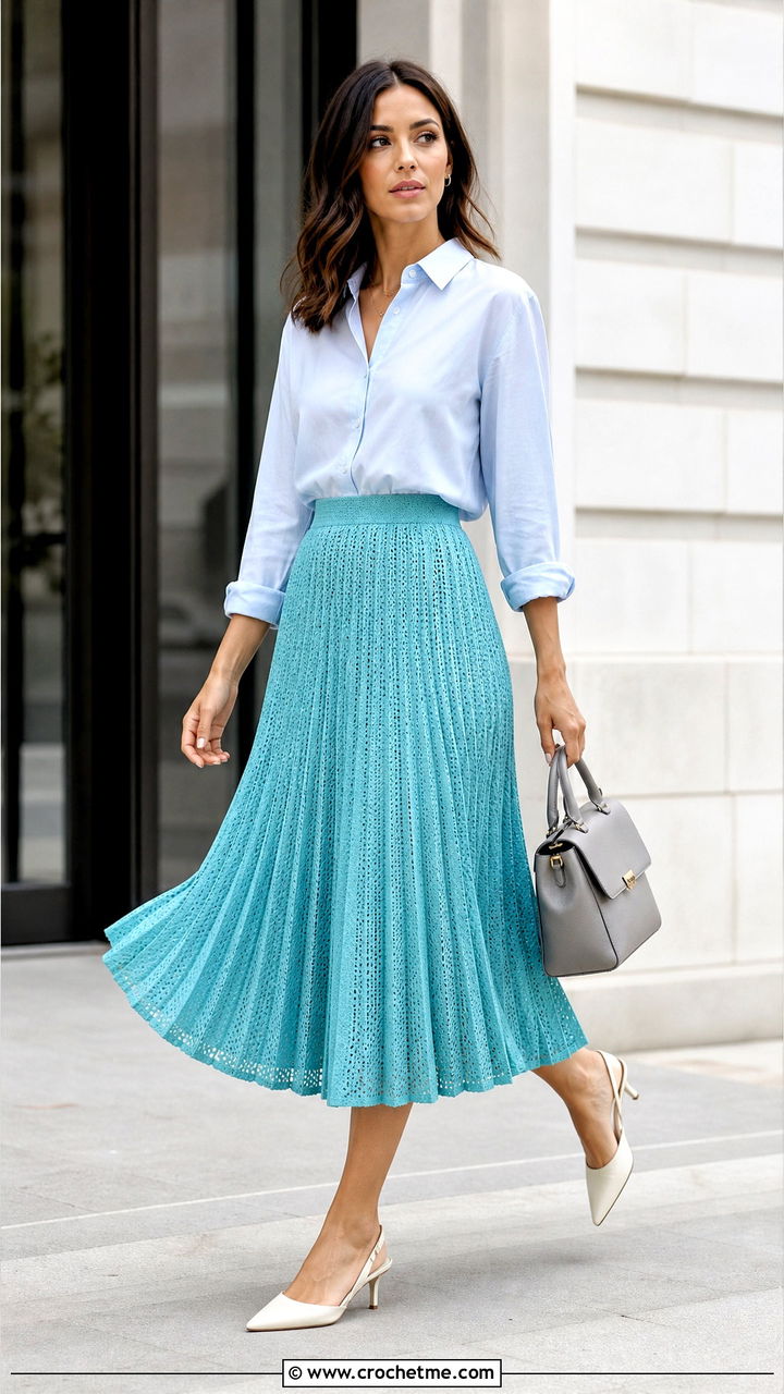 Accordion Pleat Crochet Midi Skirt With Button Down Shirt - 35 crochet pleated skirt outfit ideas