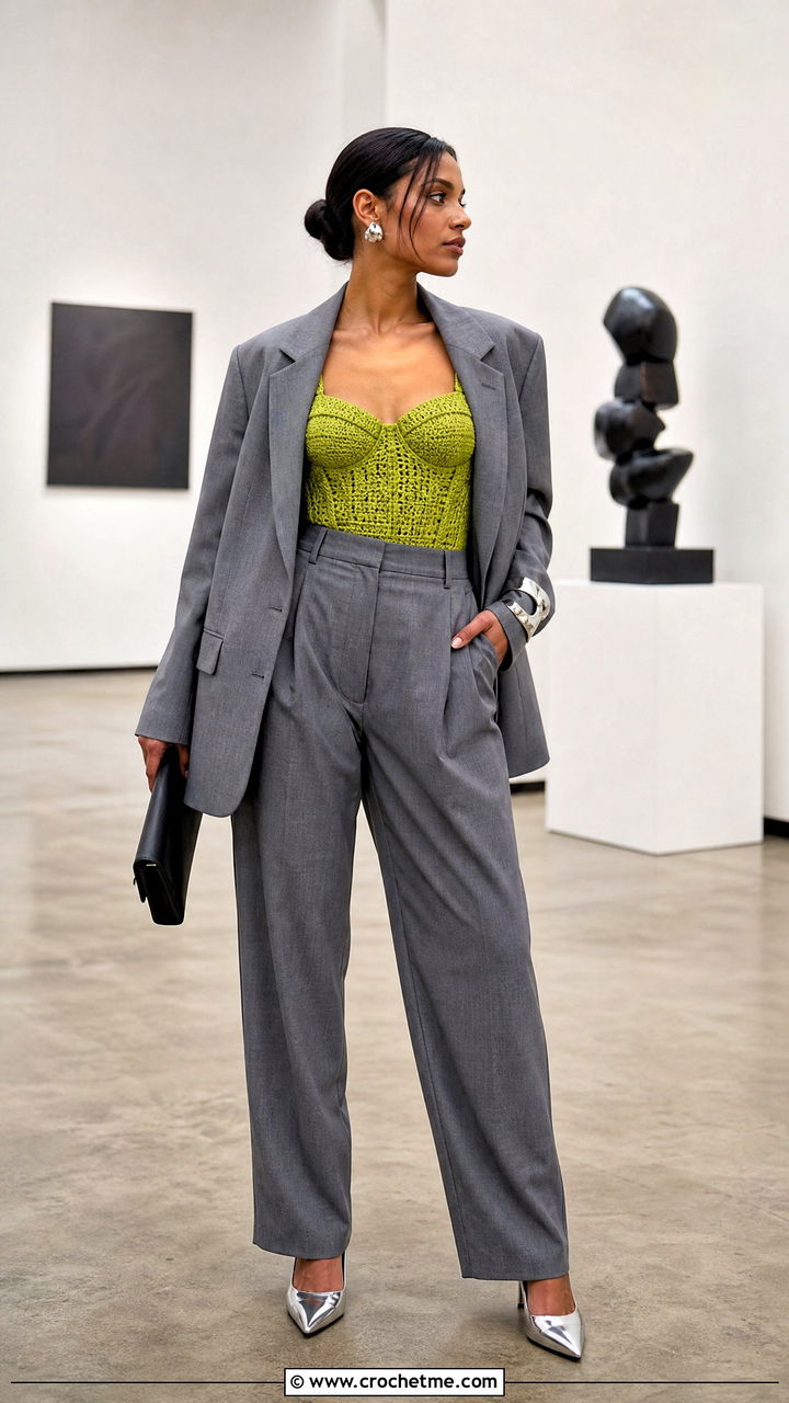 Acid Green Crochet Corset Top With Gray Suit - 35 crochet green top outfit ideas