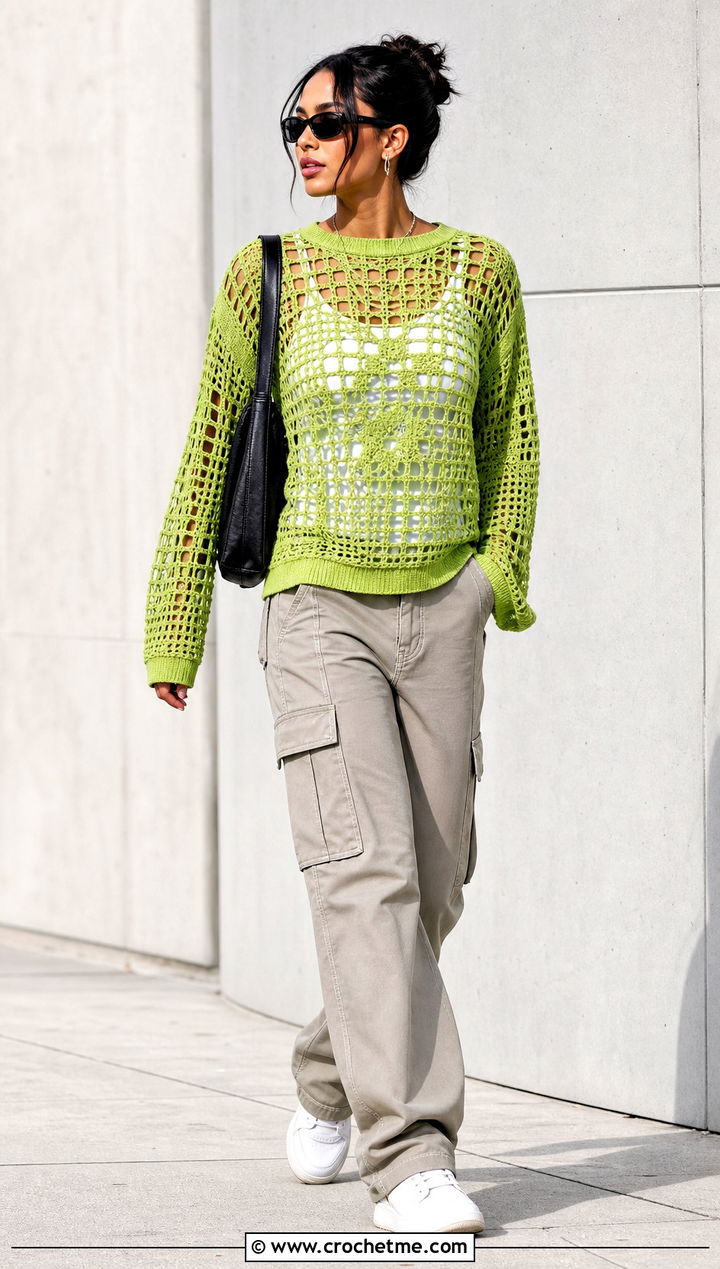 Acid Green Filet Crochet Jumper With Cargo Pants - 30 green crochet jumper outfit ideas