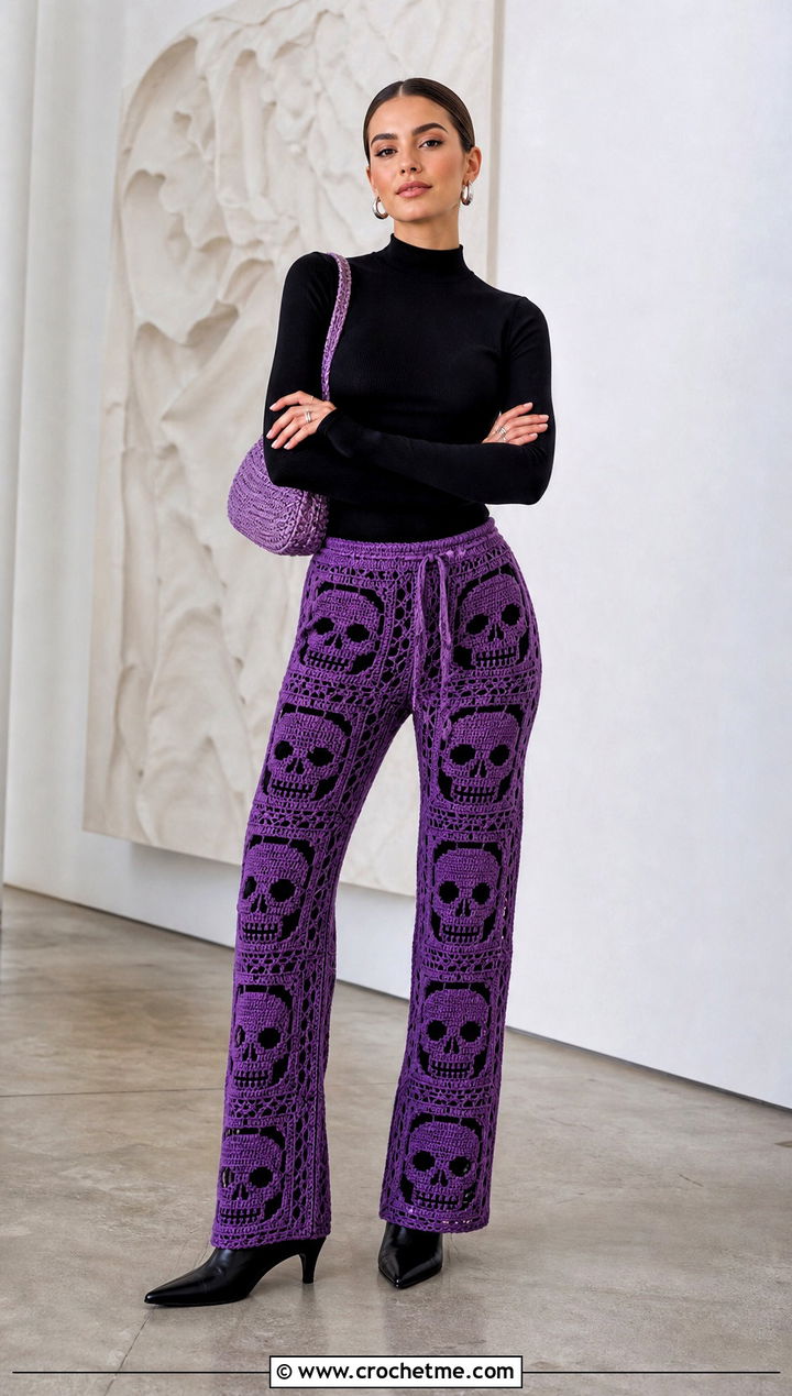 Acid Purple Skull Panel Crochet Pants With Mock Neck Top - 25 Crochet Skull Pants outfit ideas