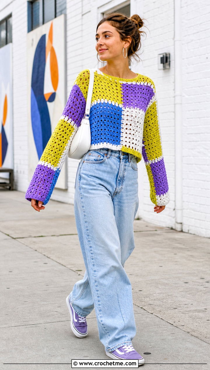 Acid Yellow Crochet Patchwork Sweater With Baggy Jeans - 30 Crochet Yellow Sweater outfit ideas