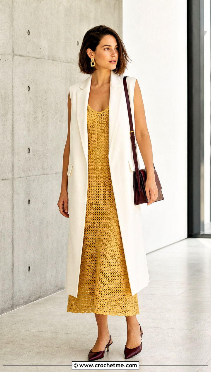 Acorn Crochet Slip Dress With Tailored Vest - 15 acorns crochet dress outfit ideas