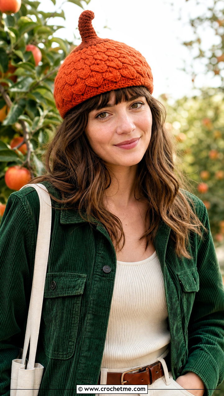 Acorn Fairy Hat With Corduroy Jacket And Jeans - 20 Crochet Fairy Hat outfit ideas