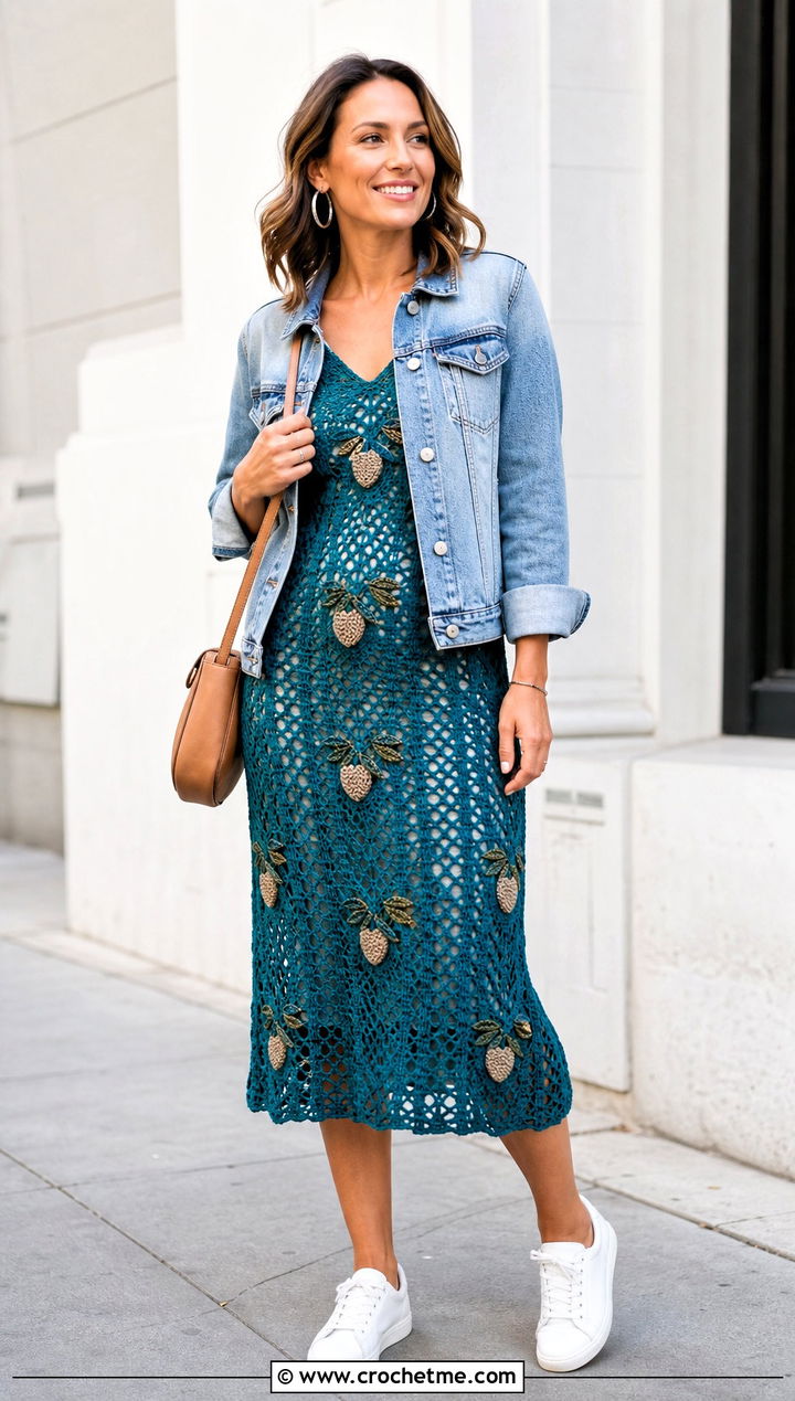 Acorn Motif Crochet Midi Dress With Denim Jacket - 15 acorns crochet dress outfit ideas