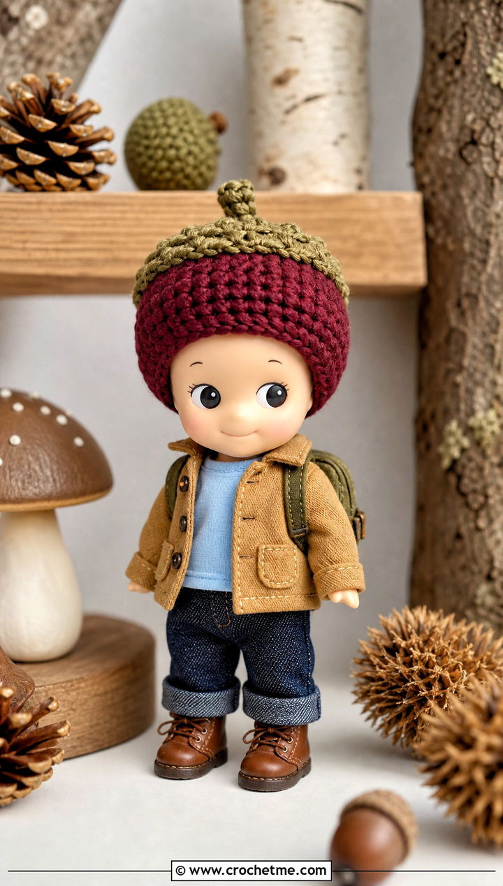 Acorn Sonny Angel Crochet Hat With Workwear Jacket - 30 sonny angel crochet hat outfit ideas