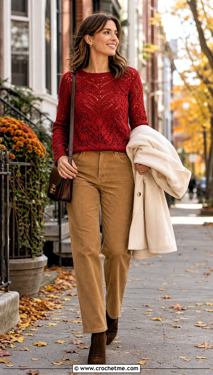 Adelaide Lace Crochet Sweater With Corduroy Trousers - 15 adelaide lace crochet sweater outfit ideas