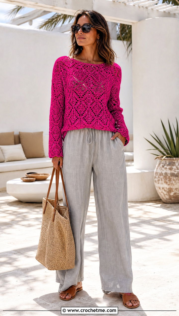 Adelaide Lace Crochet Sweater With Linen Pants - 15 adelaide lace crochet sweater outfit ideas