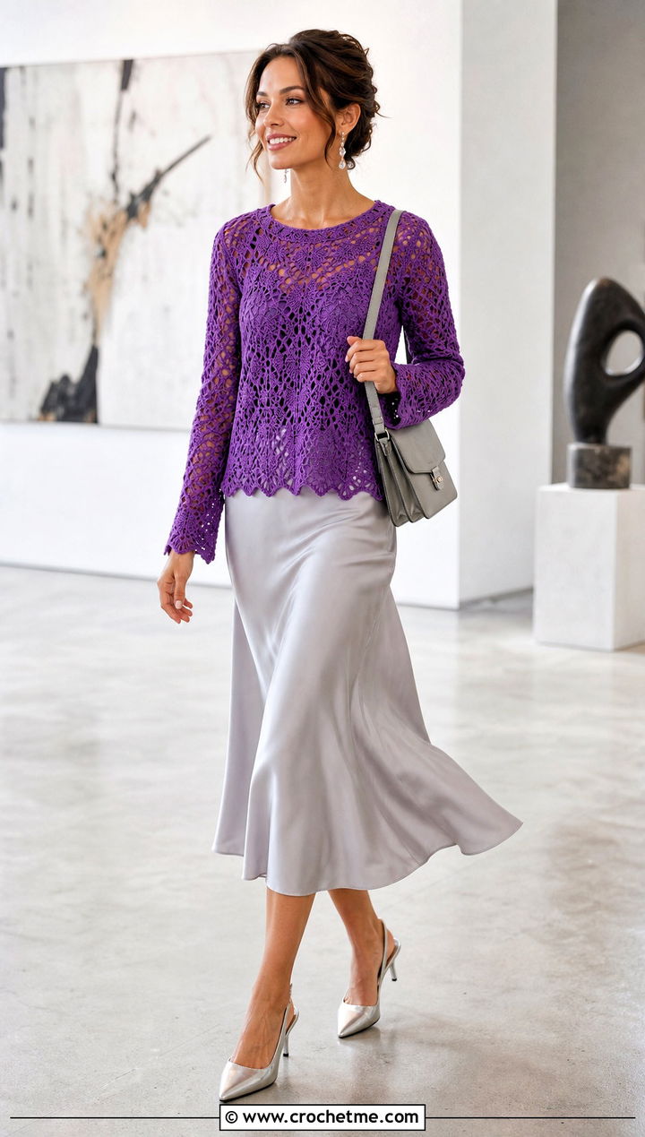 Adelaide Lace Crochet Sweater With Satin Midi Skirt - 15 adelaide lace crochet sweater outfit ideas