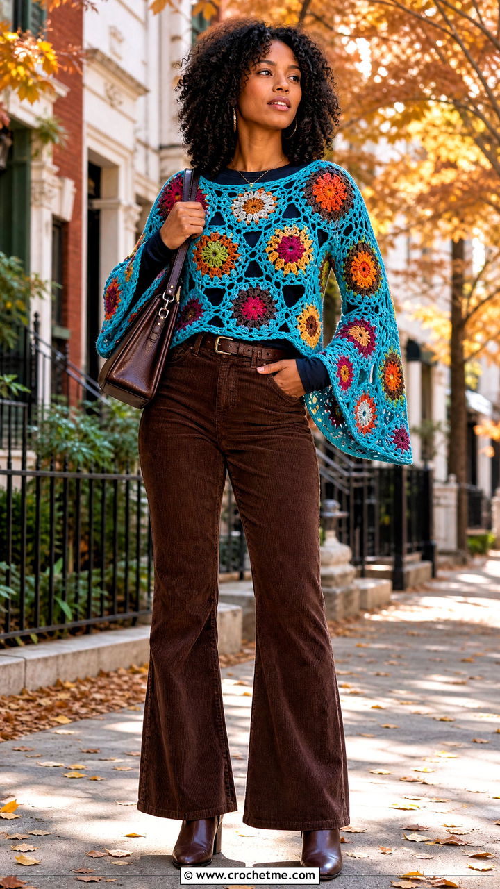 African Flower Bell Sleeve Top With Corduroy Pants - 35 african flower crochet top outfit ideas