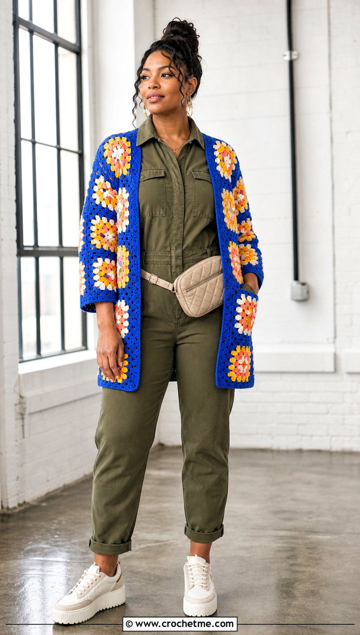 African Flower Cardigan With Utility Jumpsuit - 30 crochet flowers cardigan outfit ideas