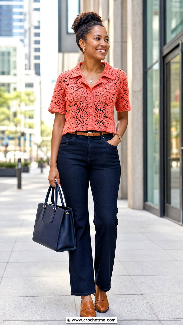 African Flower Collared Top With Tailored Denim - 35 african flower crochet top outfit ideas