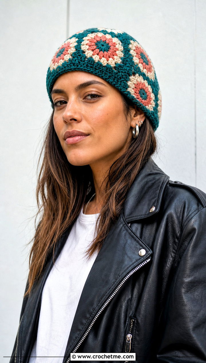 African Flower Crochet Beanie With Leather Jacket - 30 crochet flower beanie outfit ideas