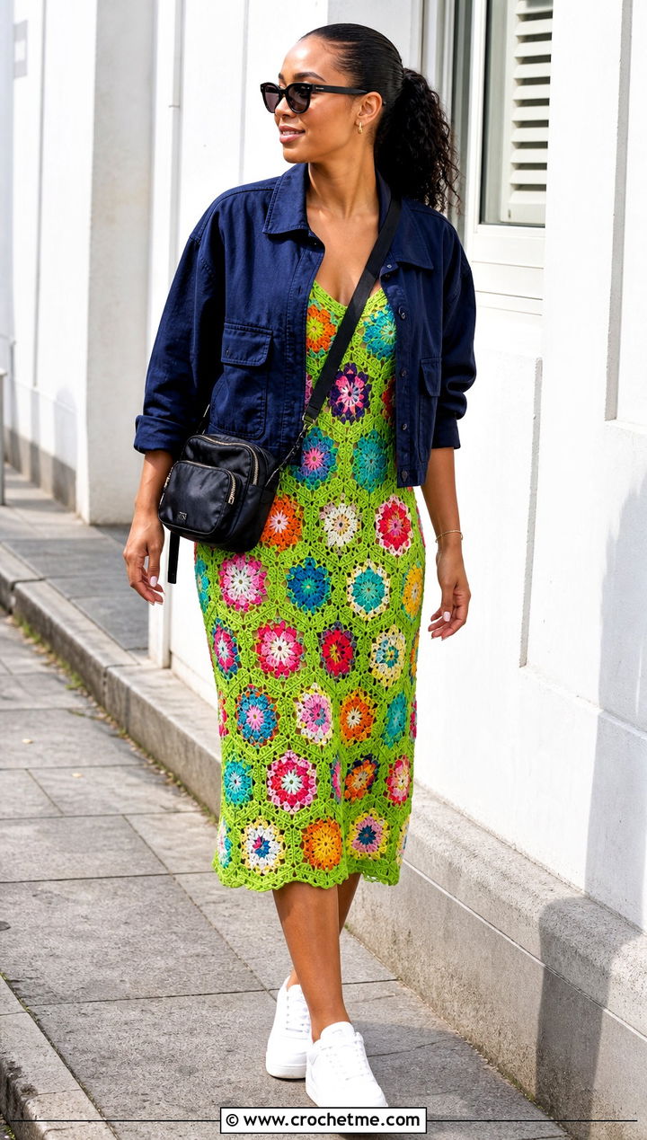 African Flower Crochet Dress With Utility Jacket - 15 vintage floral crochet dress outfit ideas