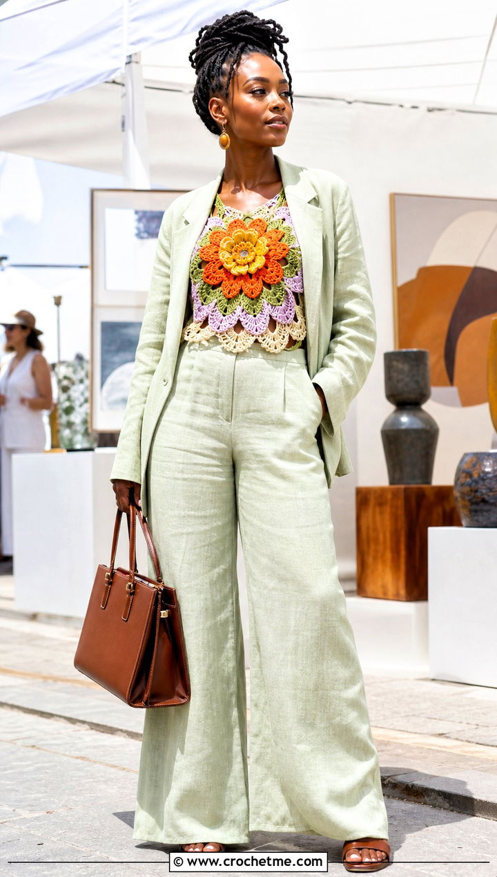 African Flower Crochet Motif Top With Linen Suit - 30 crochet motif top outfit ideas