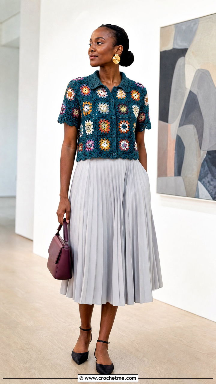 African Flower Crochet Shirt With Pleated Midi Skirt - 35 Crochet Flower Shirt outfit ideas