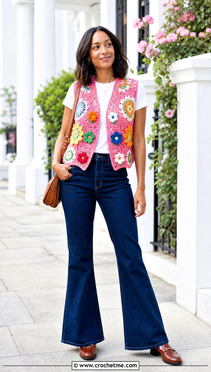 African Flower Crochet Waistcoat With Dark Denim - 35 crochet waist coat outfit ideas