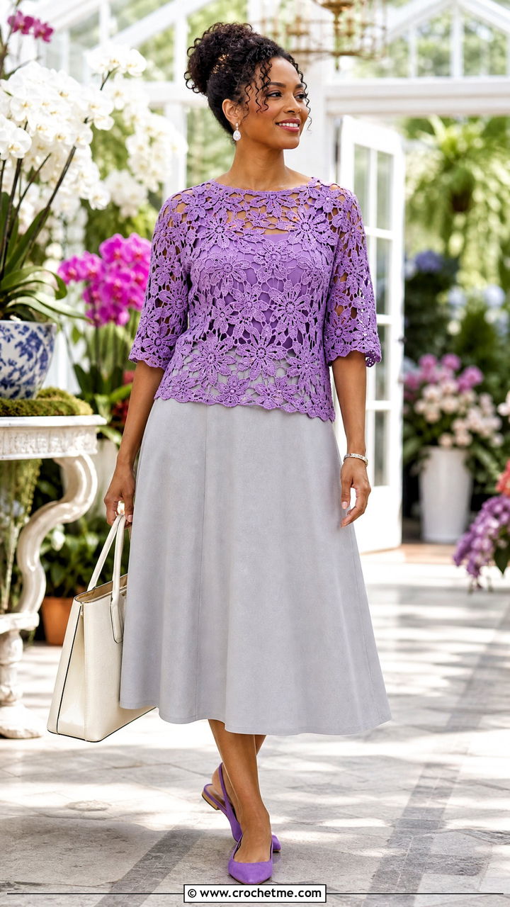 African Flower Elbow Sleeve Top With A Line Skirt - 35 african flower crochet top outfit ideas