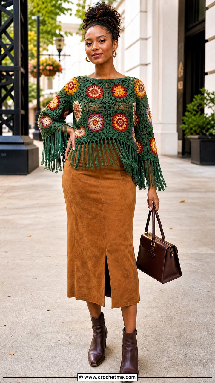 African Flower Fringe Hem Top With Suede Skirt - 35 african flower crochet top outfit ideas