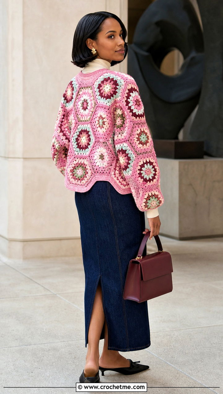 African Flower Granny Square Back Hexagon Cardigan With Column Skirt - 20 Hexagon Cardigan With Granny Square Back outfit ideas