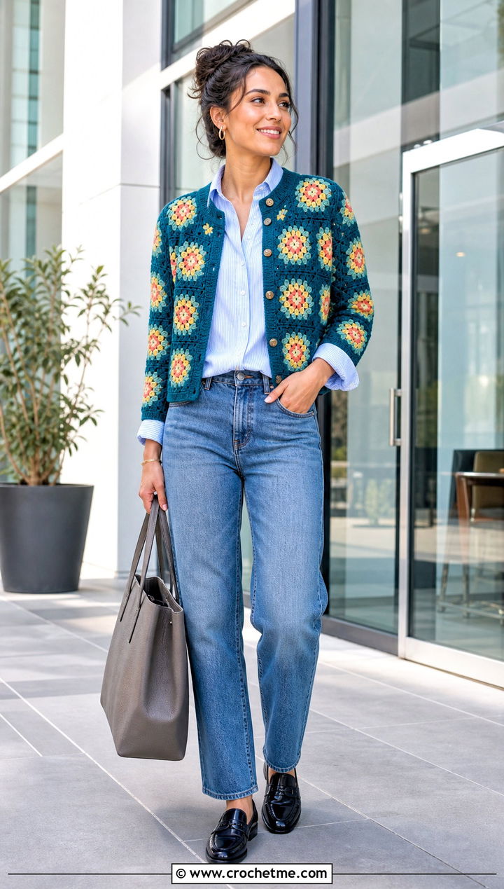 African Flower Granny Square Cardigan With Poplin Shirt And Jeans - 30 african flower granny square cardigan outfit ideas