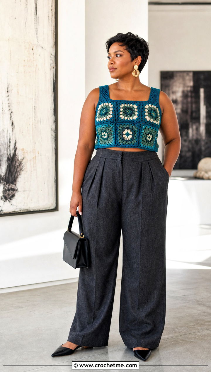 African Flower Granny Square Crop Top With Tailored Trousers - 30 granny square crop top outfit ideas