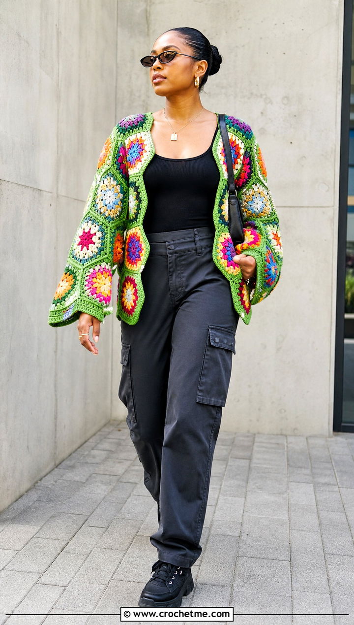 African Flower Granny Square Hexagon Crochet Cardigan With Cargo Pants - 20 Hexagon Crochet Cardigan With Granny Squares outfit ideas