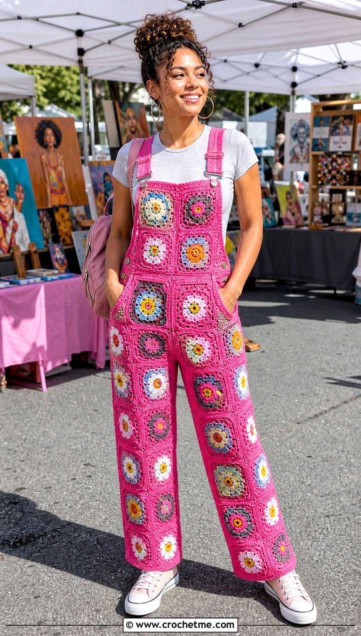 African Flower Granny Square Overalls With Fitted T Shirt - 35 Granny Square Outfit ideas