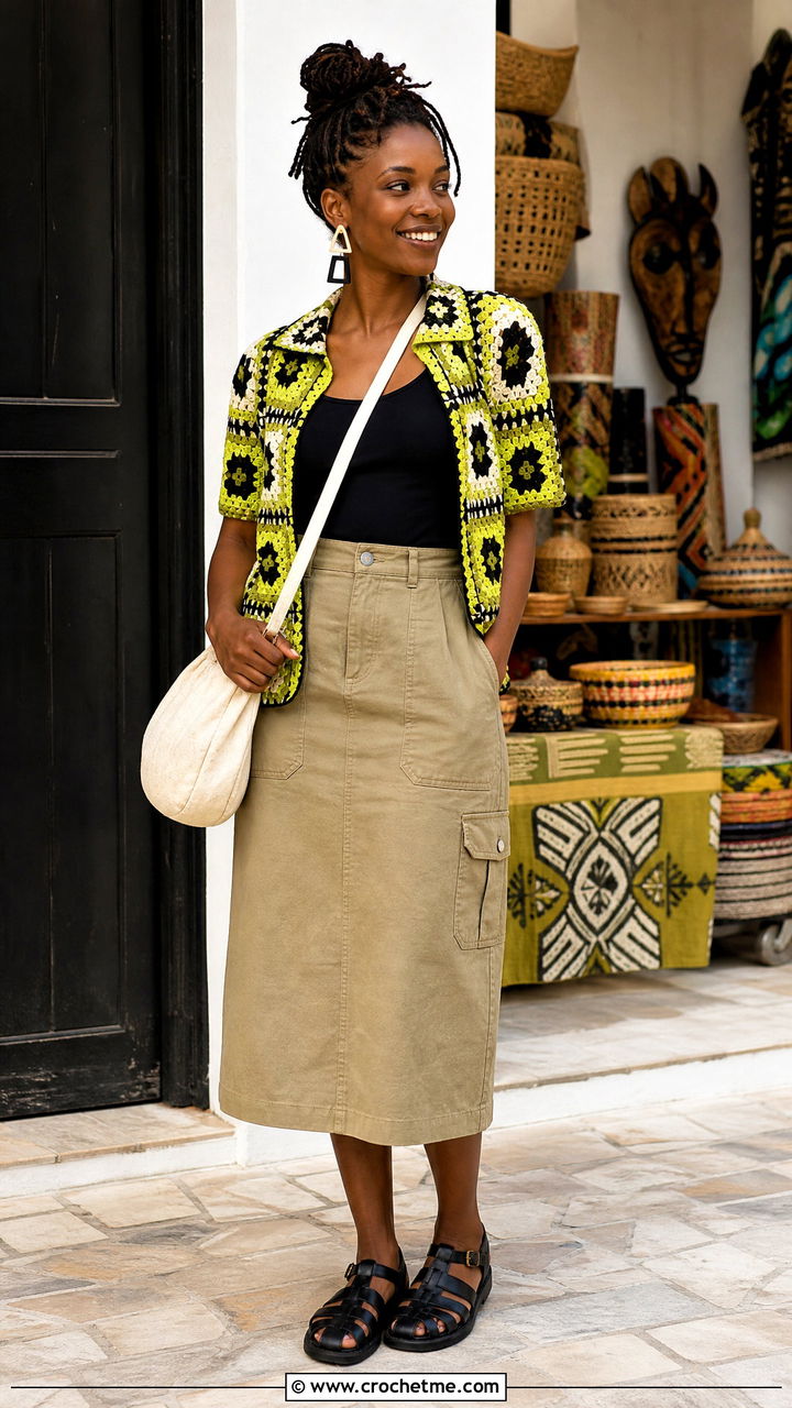 African Flower Granny Square Shirt With Utility Skirt - 35 granny square shirt outfit ideas
