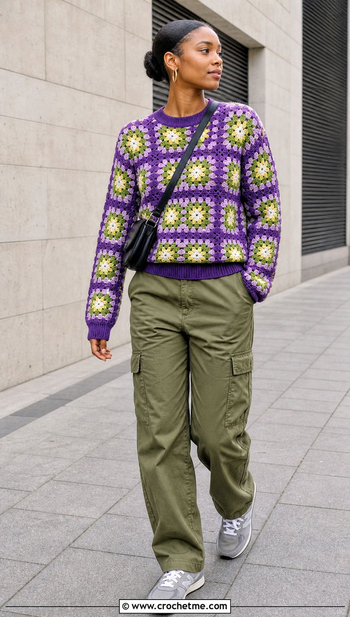 African Flower Granny Square Sweater With Cargo Pants - 30 flower granny square sweater outfit ideas