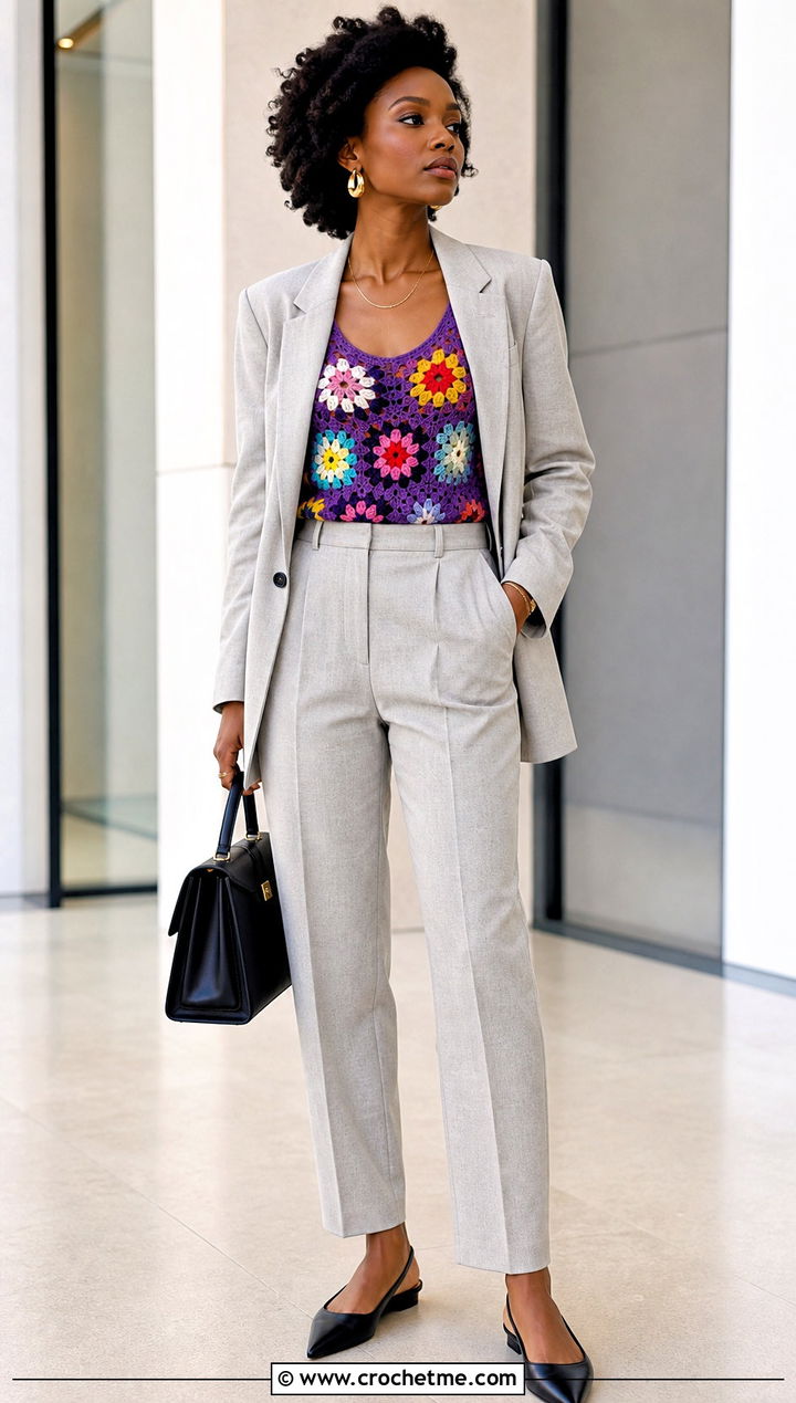African Flower Granny Square Tank Top With Tailored Suit - 25 Crochet Square Tank Top outfit ideas