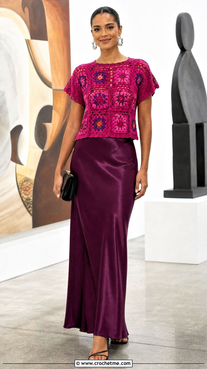 African Flower Granny Square Top With Satin Maxi Skirt - 35 granny square summer top outfit ideas
