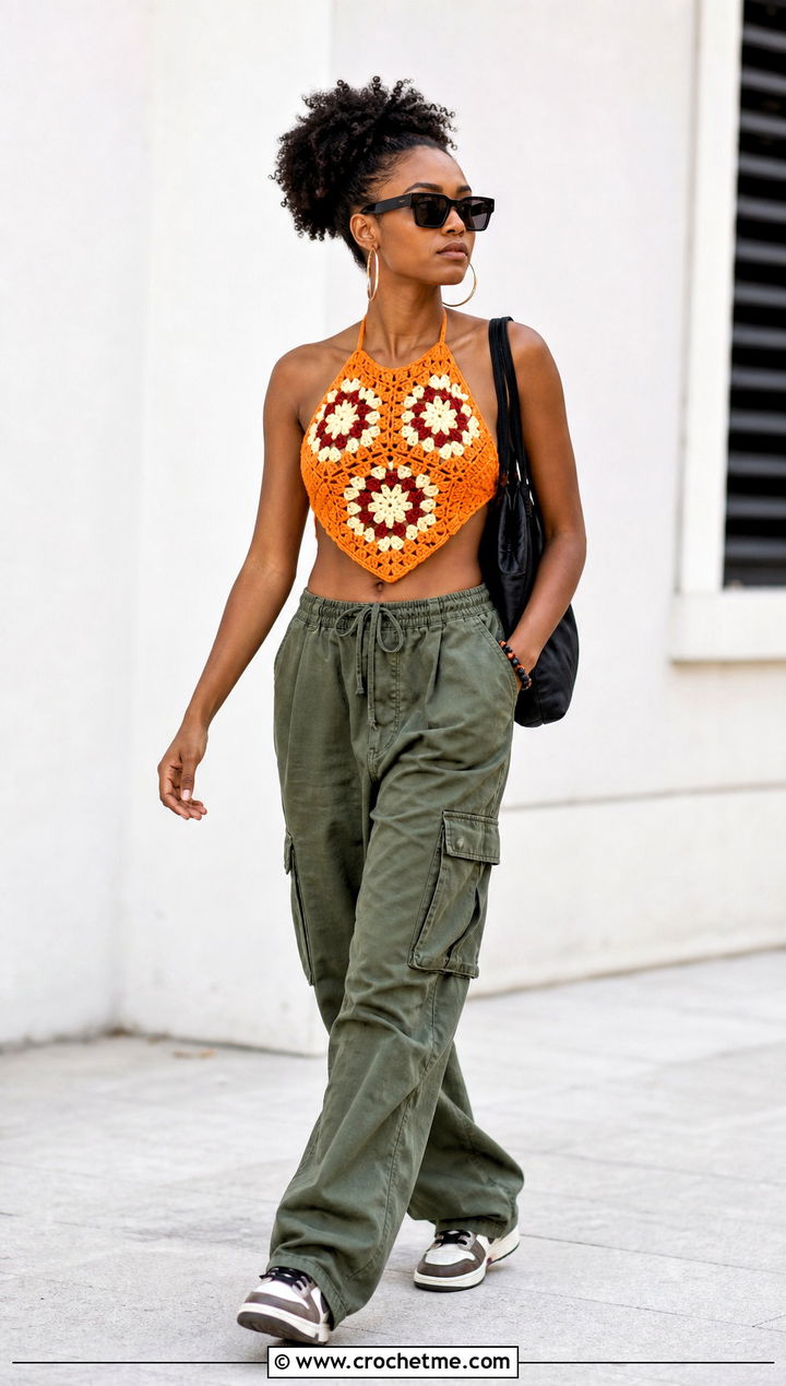 African Flower Halter Top With Cargo Pants - 15 Flower Crochet Top outfit ideas