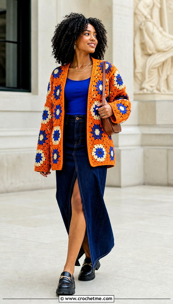 African Flower Hexagon Cardigan With Denim Maxi Skirt - 30 african flower granny square cardigan outfit ideas