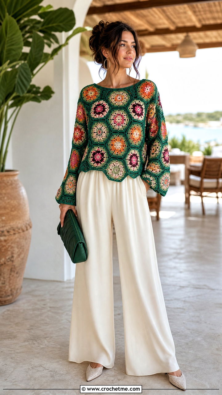 African Flower Hexagon Pullover With Palazzo Pants - 35 crochet hexagon pullover outfit ideas