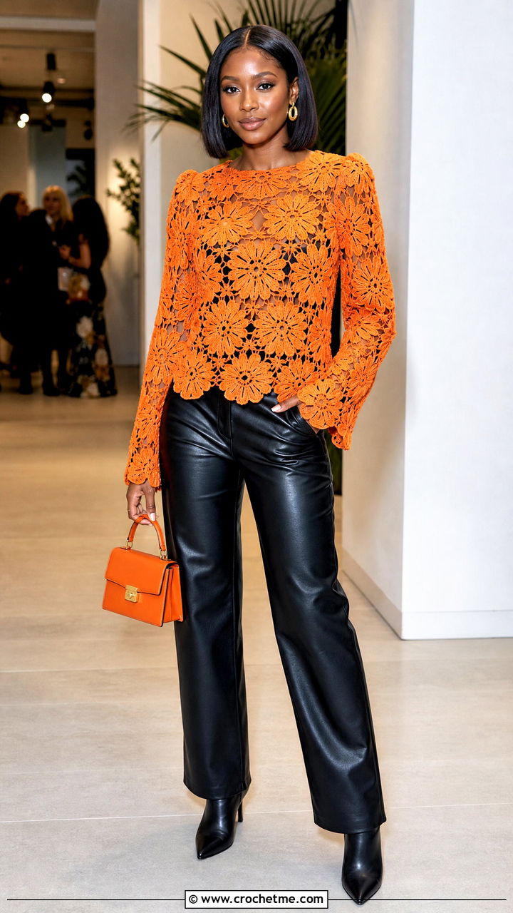 African Flower Long Sleeve Blouse With Leather Pants - 35 african flower crochet top outfit ideas