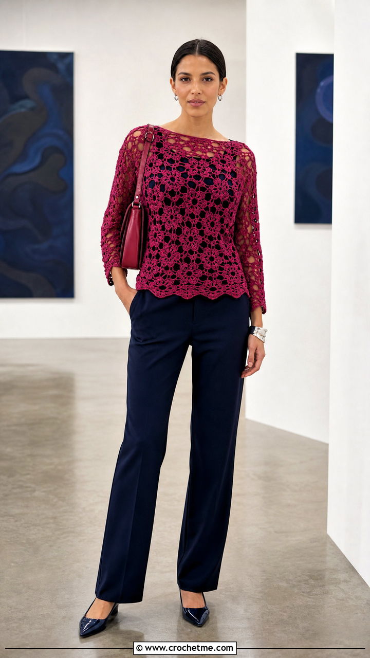 African Flower Mesh Top Over A Monochrome Outfit - 35 african flower crochet top outfit ideas