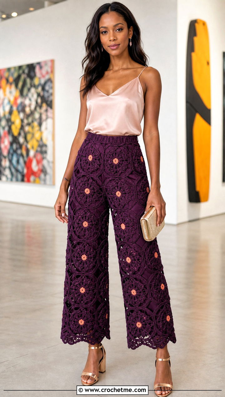 African Flower Octagon Pants With Satin Camisole - 15 Crochet Octagon Pants outfit ideas