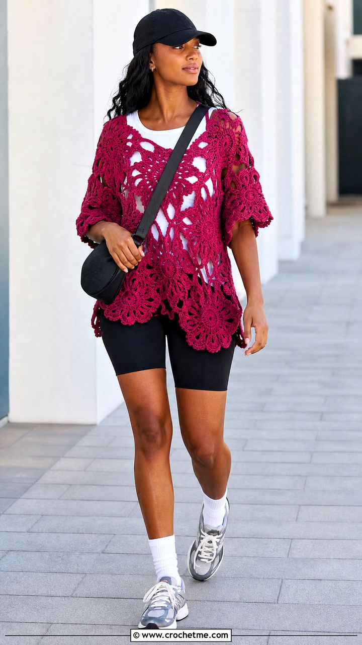 African Flower Oversized Tee With Biker Shorts - 35 african flower crochet top outfit ideas