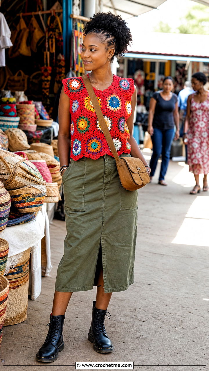 African Flower Patchwork Top With Utility Skirt - 35 african flower crochet top outfit ideas